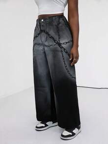 Slaydiva Plus Size Women High Waist Pockets Chain Print Loose Fit Flare Leg Jeans - Black - View 3