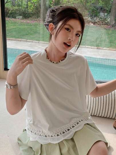 Dazy Plus Crew Neck Short Sleeve White T-Shirt With Lace Hem, Casual For Girls