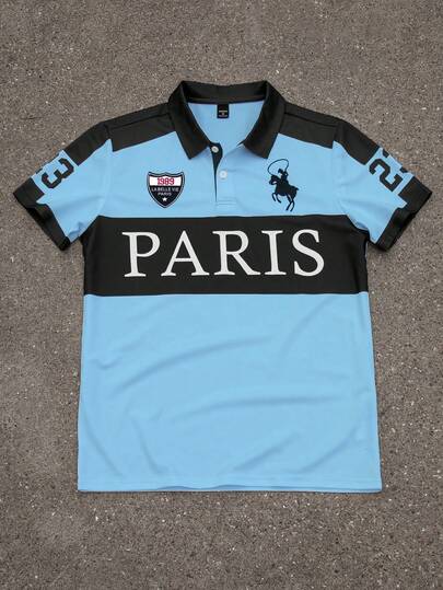 Aesthetic Post Men's Casual Colorblock Letter Print Polo Shirt, Summer