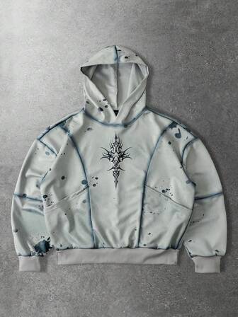 Men's Splatter Paint Distressed Patchwork Hoodie, Vintage Streetwear