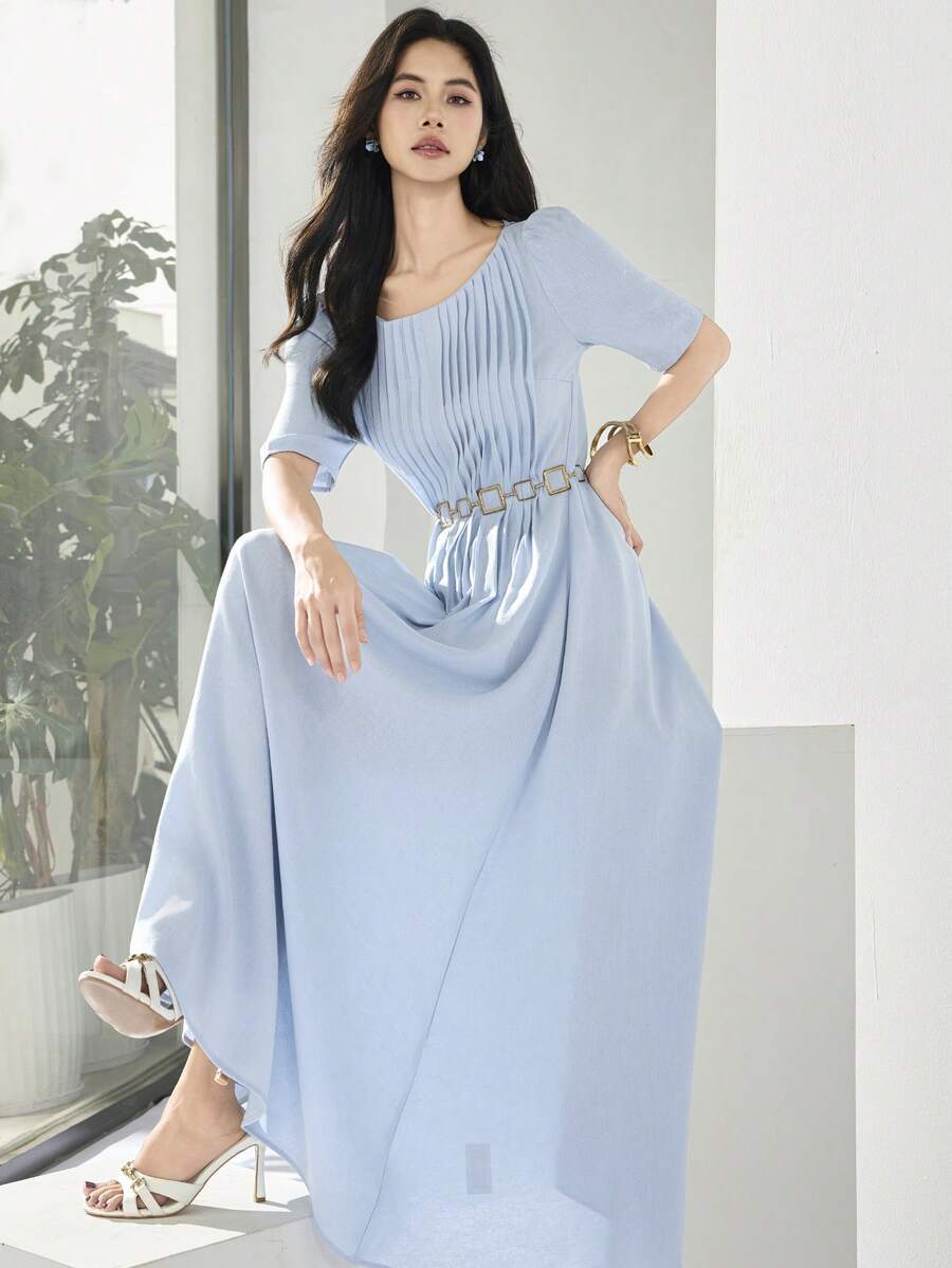 Heiryn 女士纯色圆领短泡泡袖褶皱优雅中长连衣裙 - 藍色 - 查看 1
