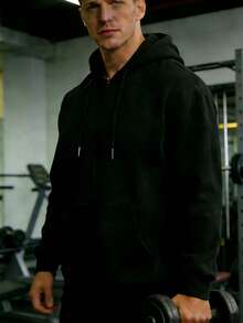 GymBeat Sudadera con capucha casual con cordón y estampado para hombres - Negro - Ver 2