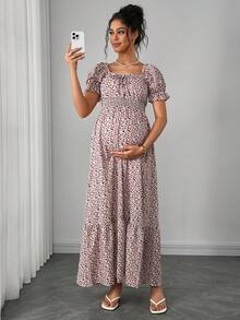 Momance 孕妇荷叶边方领短袖褶皱腰身修身连衣裙 - 粉色 - 查看 3