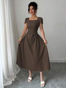 Elenzga Đầm midi nữ thanh lịch màu trơn cổ vuông, thắt eo, tay phồng, thích hợp cho kỳ nghỉ, tiệc trà chiều, mùa xuân/hè. - Màu nâu Sô-cô-la - Xem 3