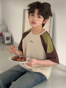 Dazy Kids Tween Boy Summer Casual Daily Commute Fashion Street Letter Print Contrast Raglan Sleeve Loose T-Shirt Spring - Apricot - View 2