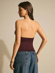 Poéselle 女士金属别针高领露脐吊带背心 – 酒红色垂褶前襟无袖派对吊带衫，女士高领露脐吊带背心，酒红色外出上衣，金属细节露脐上衣，Y2K派对吊带背心，垂褶前襟性感晚装上衣，女士纯色垂褶领褶皱性感露脐吊带背心，度假女士情人节 - 酒紅色 - 查看 4