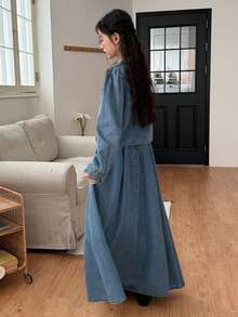 DAZY Teen Girl Casual Front Button Denim Jacket And Denim Skirt Set, Autumn