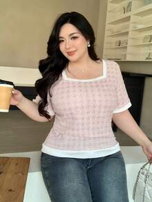 Dazy Plus 大码撞色方领短袖宽松粉色T恤，春夏款 - 粉色 - 查看 6