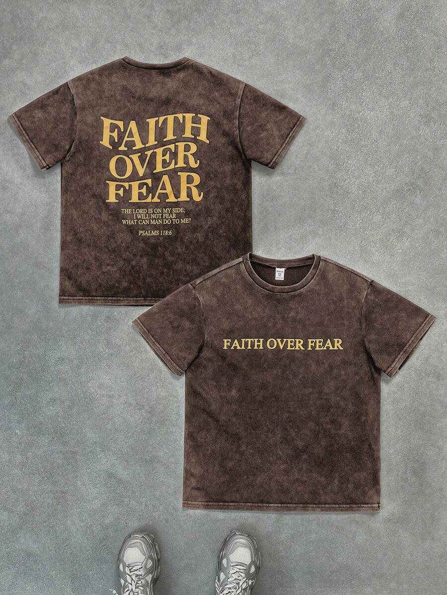 SHEIN 男童字母印花水洗复古短袖T恤，休闲、舒适、时尚、百搭、可爱、柔软，适合日常穿着、上学、外出、运动、节日和派对。 - 咖啡棕 - 查看 1