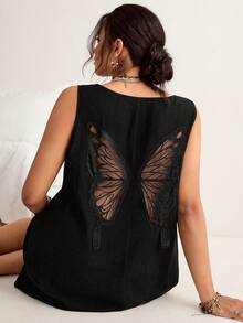 Freevana 大码女式夏季休闲度假风露背透视网纱蝴蝶刺绣宽松无袖连衣裙 - 黑色 - 查看 2