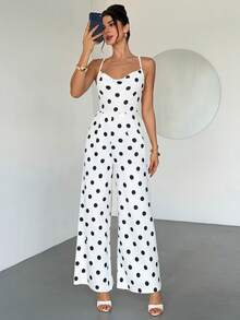 Firerie Eleganter romantischer Damen Jumpsuit mit Polka Punkten, ärmellos, tailliert, weite Beine, geeignet für Alltag, Urlaub, Strand, weißer Hintergrund, Lässig, Pendeln, anmutig, Lehrerin Outfit, Flughafen Outfit, Boho - Schwarz und Weiss - Übersicht 2