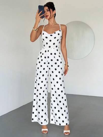 Firerie 女士优雅浪漫波点无袖连体裤，收腰设计，宽松裤腿，适合日常、度假、海滩、休闲、通勤、优雅、教师装、机场装、波西米亚风等场合。