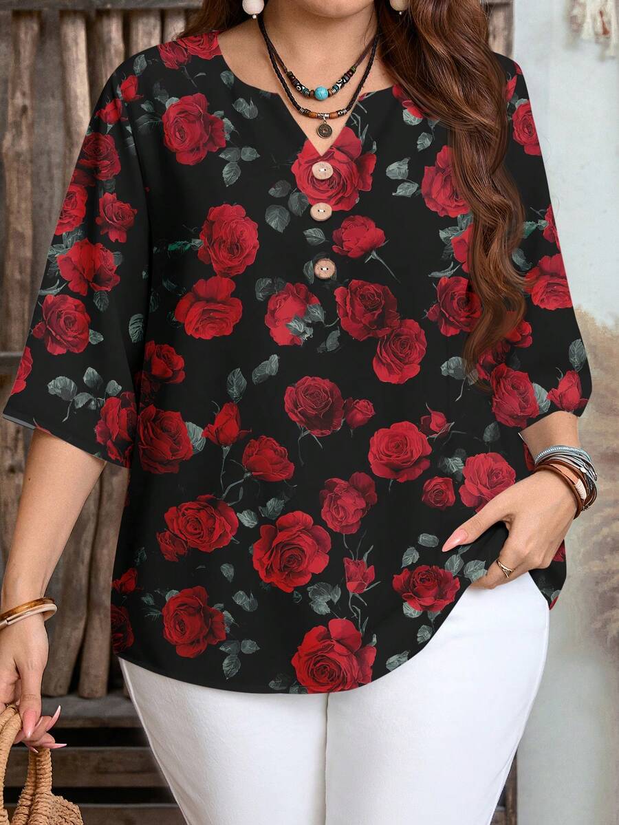 EMERY ROSE 休闲简约通勤日常百搭浪漫红玫瑰印花加大码小号V领衬衫,适合夏季、夏季上衣、黑色上衣、情人节、约会、新年等场合。 - 彩色 - 查看 1