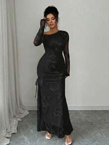 Rafferiza Đầm dài tay màu trơn dành cho nữ, phối lưới jacquard, cổ áo bất đối xứng và xẻ tà. - màu đen - Xem 4