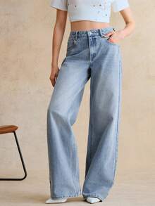 Anewsta 直筒休闲浅蓝色宽松牛仔裤，带口袋 - 藍色 - 查看 3