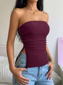 SHEIN EZwear 女士纯色酒红色褶皱下摆抹胸上衣 - 日常休闲装，情人节服装 - 酒紅色 - 查看 6
