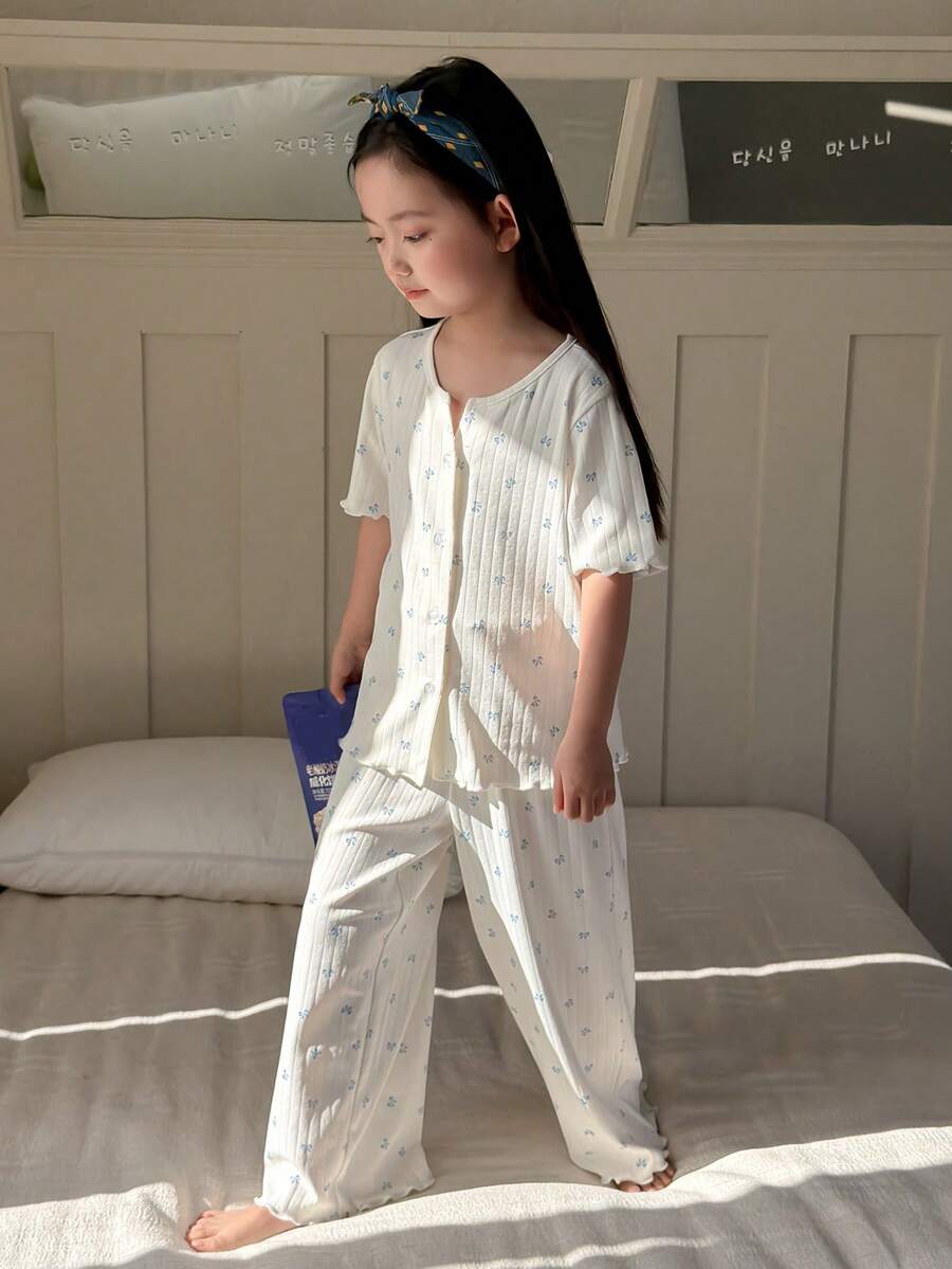 DAZY 女童蝴蝶结印花短袖上衣和裤子睡衣套装