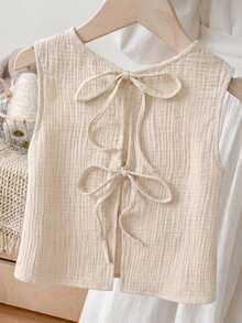 SHEIN 少女休闲简约舒适圆领无袖系带设计衬衫 - 杏色 - 查看 4