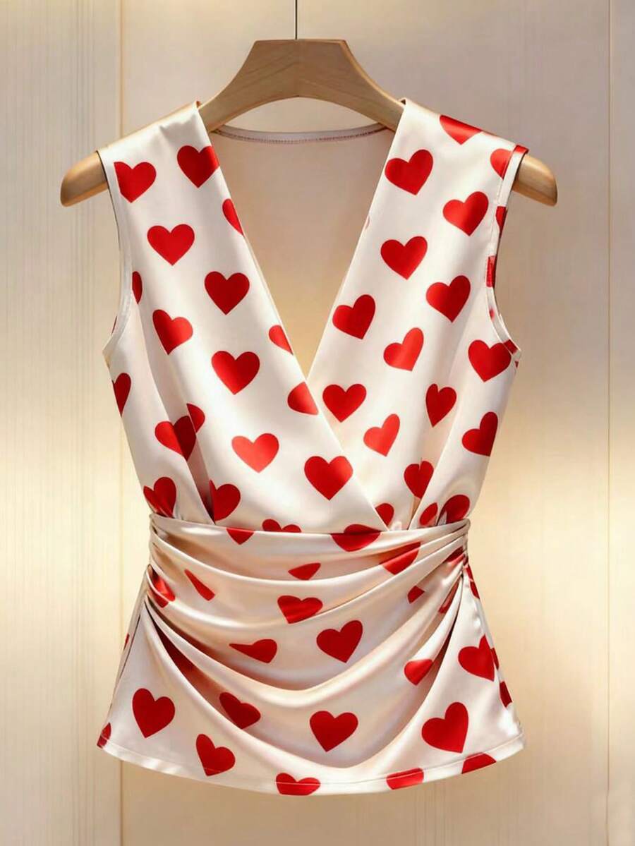 Franclia Women's Elegant Heart Print V-Neck Sleeveless Blouse, Valentine's Day Heart Dress Wrap Dress Cute Dress Strawberry Dress Women Cherry Dress Women
