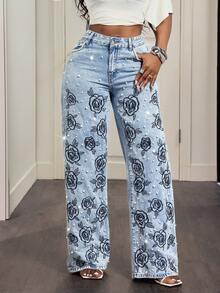 Slaydiva Jeans décontractés pour femmes avec imprimé floral et décoration de faux perles - Bleu azur - Voir 8