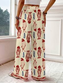 SHEIN VCAY Quần ống rộng dáng suông họa tiết cá đỏ cổ điển dành cho nữ, thích hợp cho mùa hè và kỳ nghỉ. - Nhiều màu - Xem 3