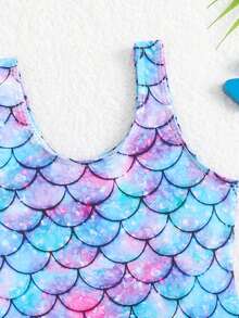 少女彩色鱼鳞数码印花连体泳衣，适合春、夏、秋季海滩度假 - 紫羅蘭色 - 查看 8