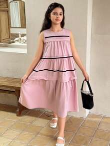 DAZY Tween Girls' Summer Casual Striped Ruffle Hem Sleeveless Dress - Purple - View 3