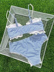 Swim Mod 新款蕾丝装饰甜美蓝白条纹修身坦克比基尼套装 - 藍色 - 查看 2