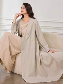 SHEIN Najma 时尚新款简约休闲亚麻质感女式长袍 - 淺灰色 - 查看 7