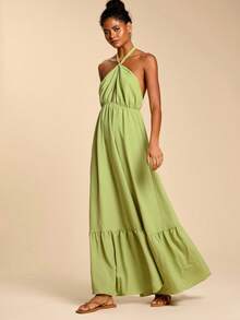Travachic Einfarbiges Kleid mit Bindedetail am Hals, rückenfreier Lässig Urlaubskleid - Grün - Übersicht 7