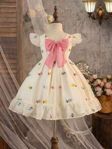 SHEIN Babygirl Vacation Casual Cute Floral Pattern Bowknot Cap Sleeve Dress - Apricot - View 9