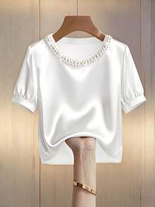 Franclia 女士优雅圆领珍珠装饰长袖T恤，适合通勤 - 白色 - 查看 3