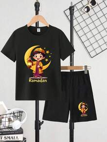 Young BoyBasic Short Sleeve T-Shirt + Black Shorts Set - Multi-Color - Black - View 3
