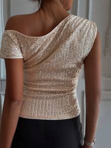 DAZY Women's Sequin Embellished Slim Fit Asymmetrical Shoulder T-Shirt, Fashionable For Party/Events, Summer Y2k - Apricot - View 3