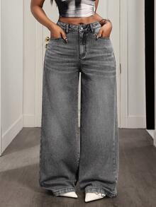 BamGleam 休闲中腰宽松直筒阔腿牛仔裤 - 灰色 - 查看 5