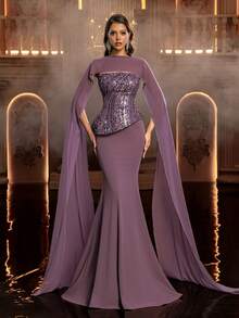 Glamrae 优雅、奢华、高端、百搭的珍珠亮片花卉刺绣弹力针织褶皱性感抹胸美人鱼连衣裙，饰有3D花卉装饰，配有可拆卸颈带，适合婚礼、活动、派对、节日、盛会、正式场合。 - 深紫色 - 查看 2