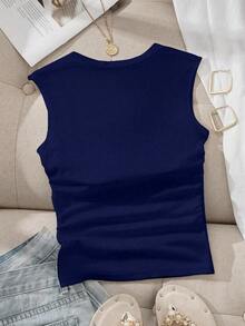 Comfortcana Square Neck Ruched Waist Padded Bra-Free Camisole Spring - Navy Blue - View 2