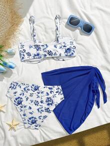 SHEIN 少女碎花印花可调节肩带泳衣套装，含罩裙，适合海滩、海边、度假 - 彩色 - 查看 2