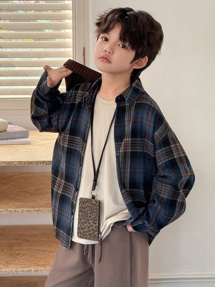 DAZY 男童格子印花纽扣前开襟休闲长袖衬衫