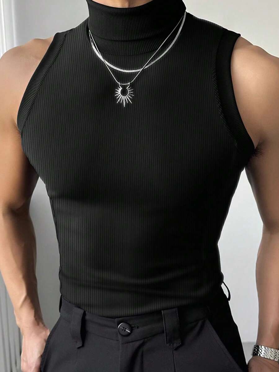 Manfinity Plus Size Men's Solid Color Turtleneck Ribbed Casual Versatile Tank Top - Black - View 1