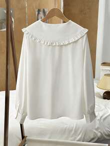 GlowEve CURVE Regalyn加大码女式纯色可爱韩版彼得潘领大码衬衫，适合春秋季叠穿 - 白色 - 查看 2