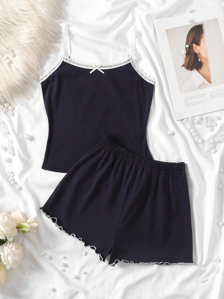 SHEIN 少女撞色滚边吊带背心和短裤睡衣套装 - 藍色 - 查看 1