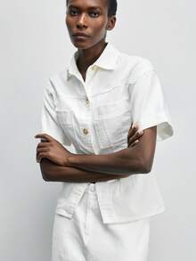 Maija 女士纯色前扣休闲百搭牛仔短袖上衣 - 白色 - 查看 4