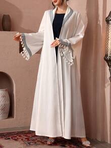 SHEIN Najma 女士白色领口撞色滚边长袖阿拉伯长袍 - 白色 - 查看 4