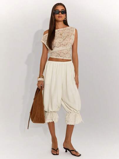 SHEIN BAE 女士纯色弹力腰荷叶边七分裤