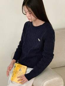 DAZY Teen GirlLoose Casual Basic Crew Neck Sweater With Embroidery Pattern, Autumn - Navy Blue - View 4