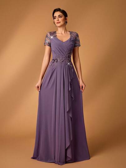 Serin Vestido elegante de mujer de manga larga transparente con cuello redondo, de tela de gasa gris-rosa, con volantes, apliques de lentejuelas y bajo de cola de sirena micro, adecuado para la madre de la novia en bodas, eventos, fiestas y ocasiones formales