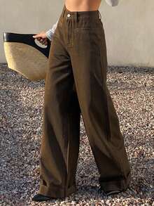 Livesso Women's Casual Loose Fit Denim Jeans With Side Pockets, Autumn - Coffee Brown - View 3