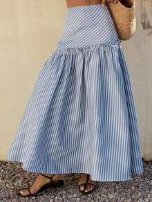 Livesso Loose Casual Vacation Style Beach Fashion Design Ruffled Asymmetric Striped Print High Waist Women Skirt, Spring/Summer - Blue - View 3