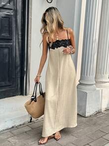 Serisse 女士蕾丝拼接撞色无肩带中长度假连衣裙 - 杏色 - 查看 10